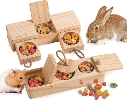 Soulthink® Interactive Wooden Pet Rabbit Toys - Sniff N' Snack Bunny Chew Toys for Rabbit Treats, Suited as Guinea Pig, Hamster for Boredom, Bunny Toys for Rabbits Keep Busy (2 Sets)