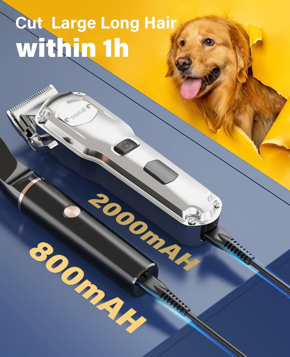 Oneisall Dog Grooming Kit for Heavy Thick Hair&Coats/Low Noise Rechargeable Cordless Waterproof Dog Clippers for Grooming Animals&Pets/Pet Shaver with Stainless Steel Blade and Paw Trimmer