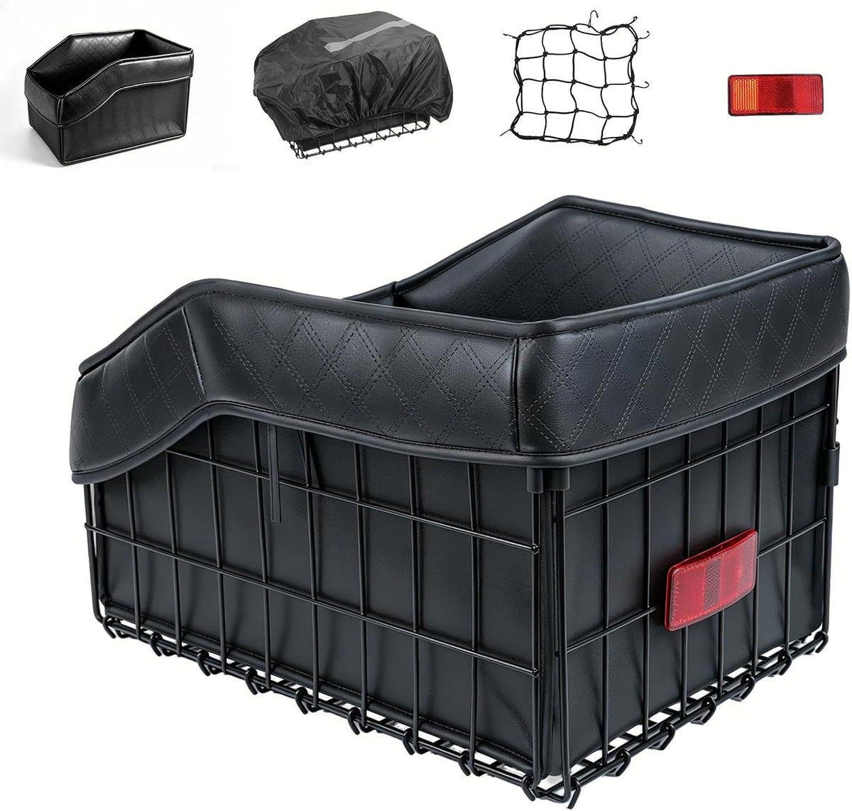 Bike Basket Rear, Foldable Bicycle Basket with PU Liner, Waterproof Cover and Cargo Net, Rear Bike Baskets for Most Bikes - Black