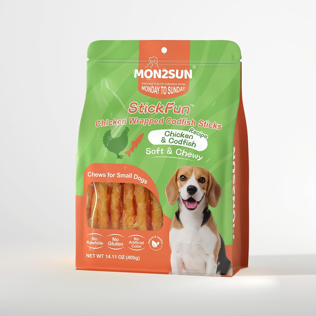 MON2SUN Dog Treats, 4.5-4.7 Inch Chicken Wrapped Codfish Sticks, 14.11 Oz