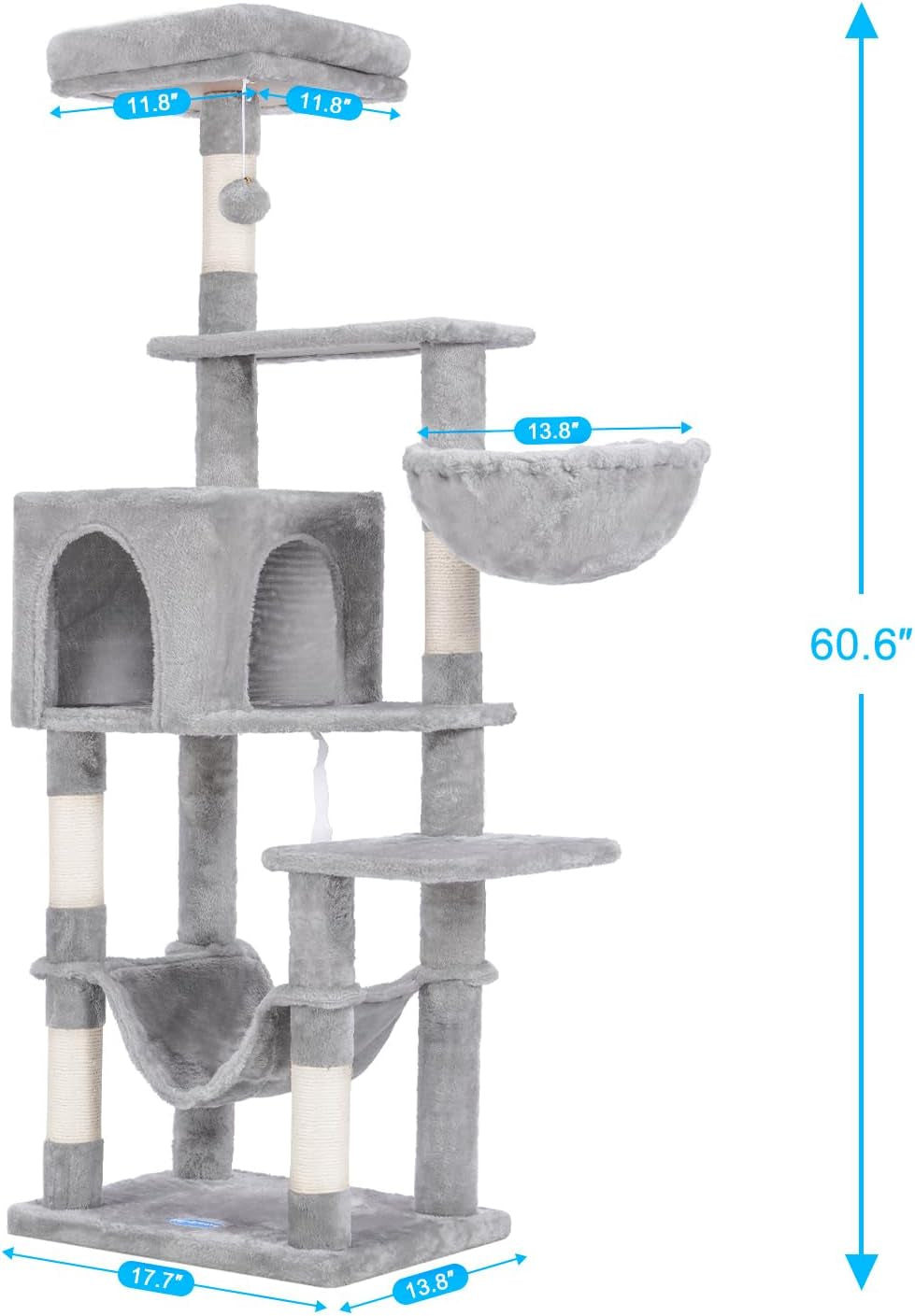 Hey-Brother Cat Tree with Large Hammock, Multi-Level Cat Tower for Indoor Cats, Cat Condo with Sisal-Covered Scratching Posts and Top Perch, Light Gray MPJ050W