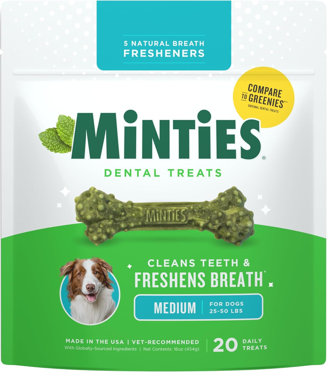 Minties Dental Chews for Dogs, 20 Count, Vet-Recommended Mint-Flavored Dental Dog Treats for Medium Sizes 25-50 Lbs, Bones Clean Teeth, Fight Bad Breath, and Removes Plaque and Tartar