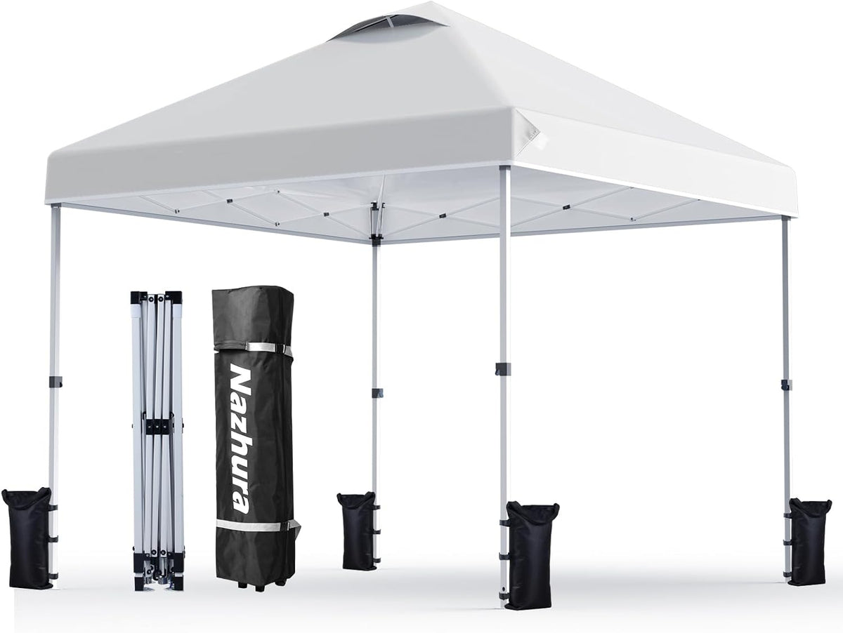 Nazhura 10' X 10' Pop up Canopy Tent with Sand Weight Bag, Freestanding Sun Shelter for Picnic and Camping, One Person Setup and Height Adjustable (White)