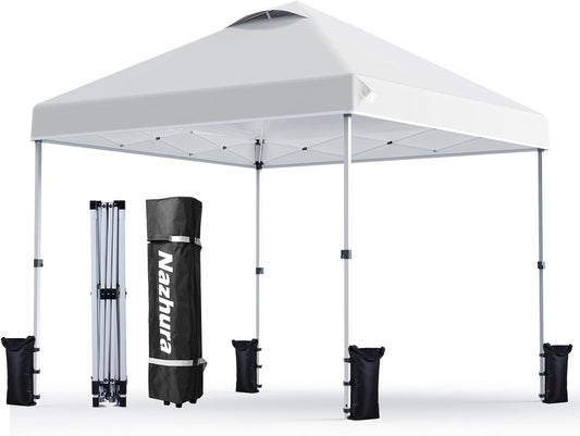 Nazhura 10' X 10' Pop up Canopy Tent with Sand Weight Bag, Freestanding Sun Shelter for Picnic and Camping, One Person Setup and Height Adjustable (White)