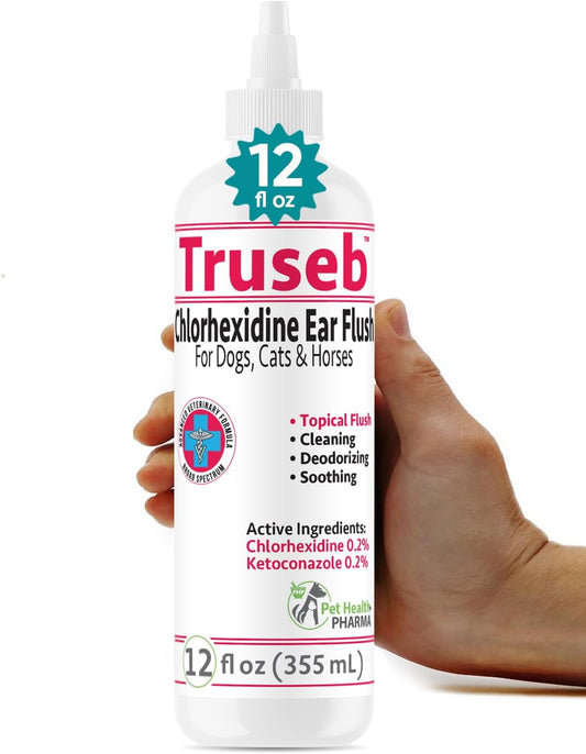 Truseb Maximum Strength Dog Ear Infection Treatment Flush, Cat & Dog Ear Cleaner Solution Medicated with Chlorhexidine & Ketoconazole Helps with Ear Itching Redness Swelling (12 Oz)