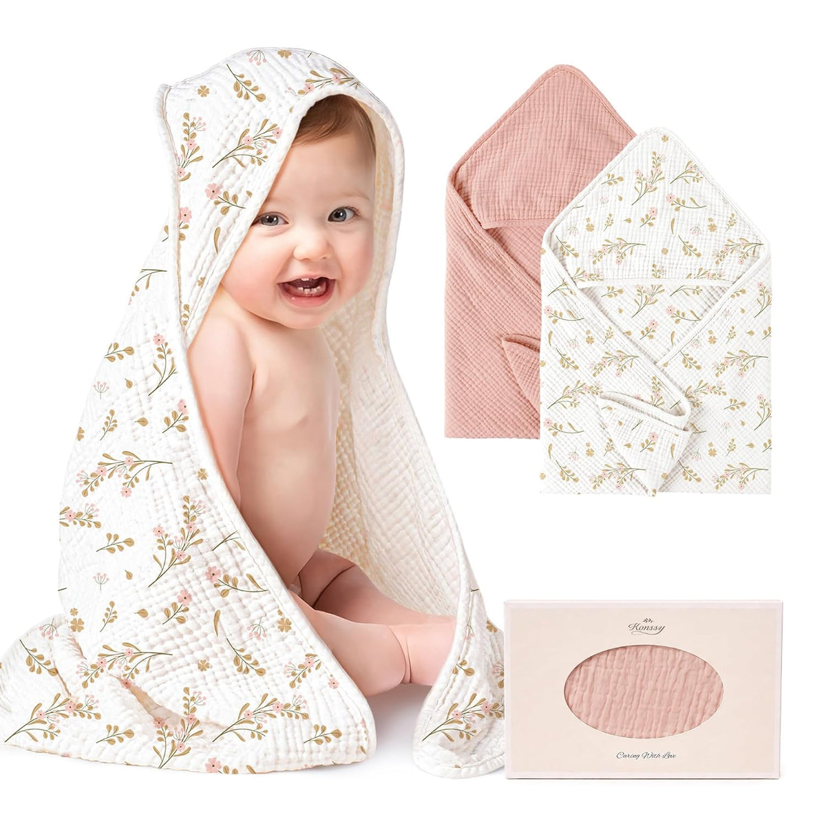 Konssy 2-Pack 100% Muslin Cotton Hooded Baby Bath Towels for Boys and Girls