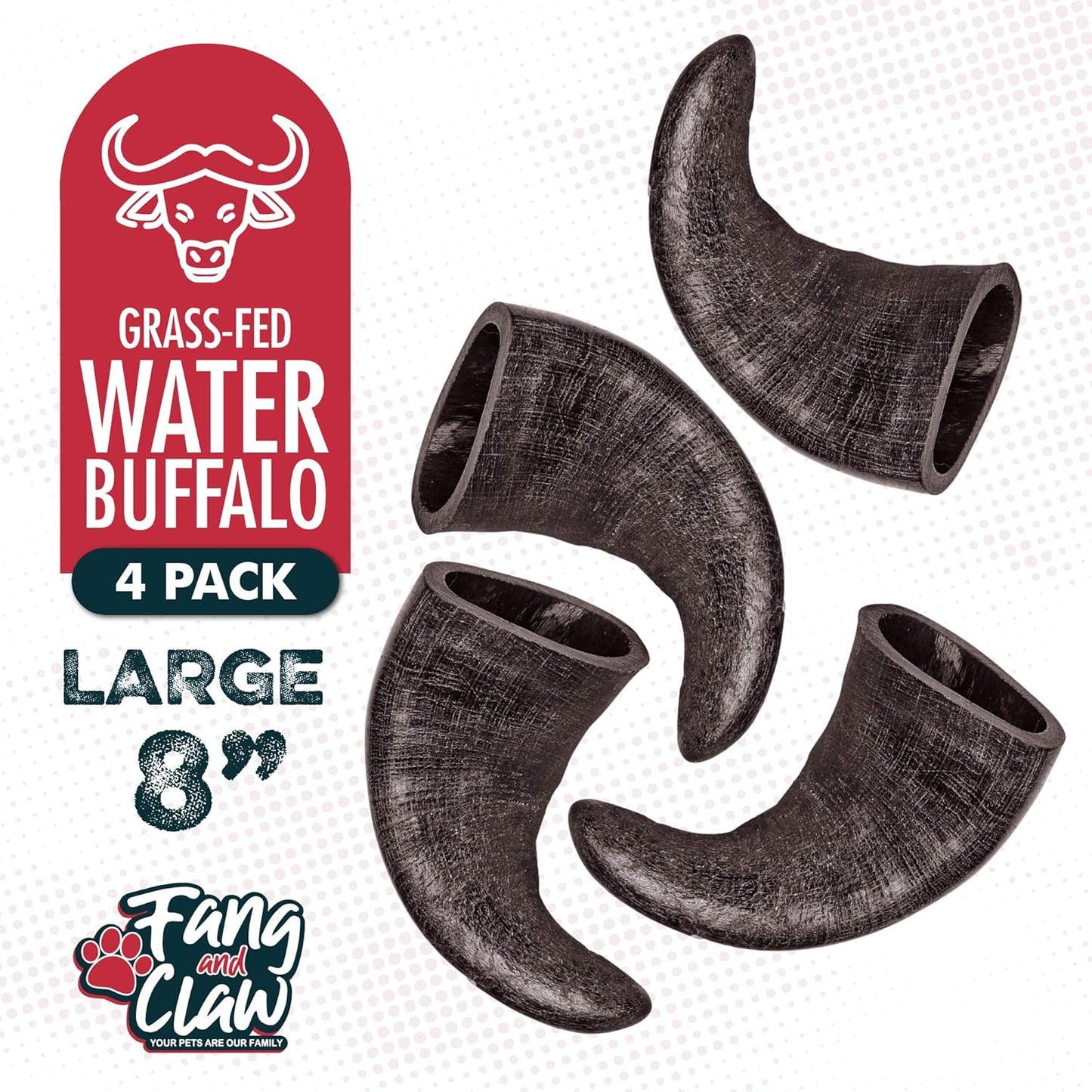 4 Pack Water Buffalo Horns for Dogs, Large 8 Inch - Natural Antler & Rawhide Bone Alternative for Aggressive Chewers, Long Lasting Single-Source Grass-Fed Dog Chew