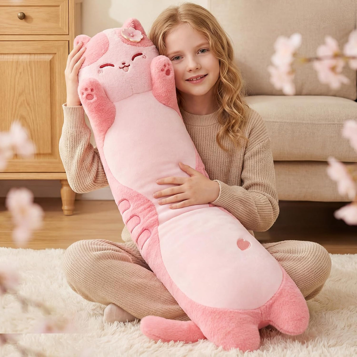 Mewaii 20 in Cherry Blossom Plush Body Pillow, Cute Kawaii Plush Gift