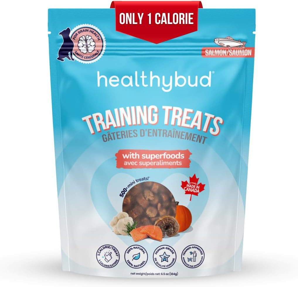 Healthybud Mini Salmon Dog Training Treats – Soft Low Calorie Bites (1 Kcal Each) – 500+ Tiny Rewards for Puppies & Small Dogs – Salmon Oil, Lion’S Mane & Reishi – Grain Free – Made in Canada – 6.5 Oz
