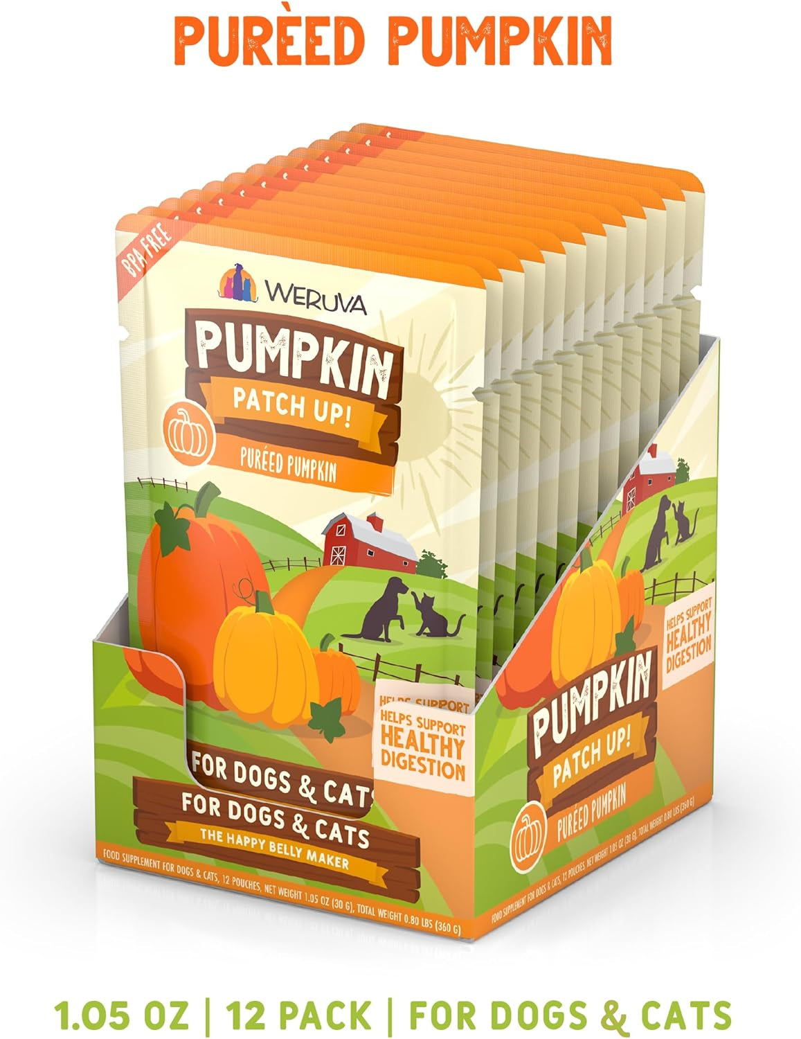 Weruva Pumpkin Patch Up! Pumpkin Puree Pet Food Supplement for Dogs & Cats, 1.05Oz Pouch (Pack of 12)