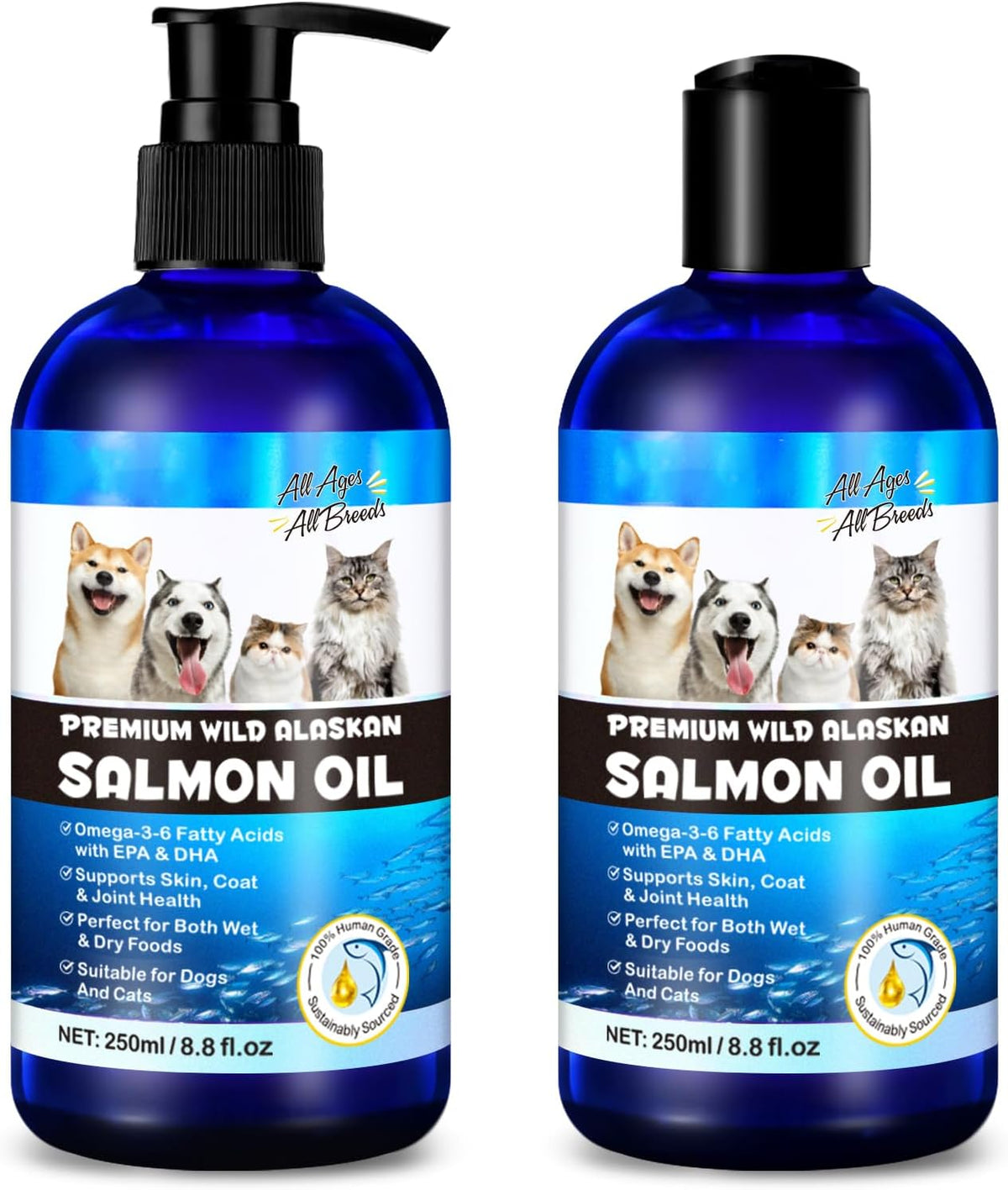 2PCS Alaskan Salmon Oil for Dogs & Cats - Pure Omega 3 Fish Oil with Omega 6 Fatty Acids, EPA & DHA