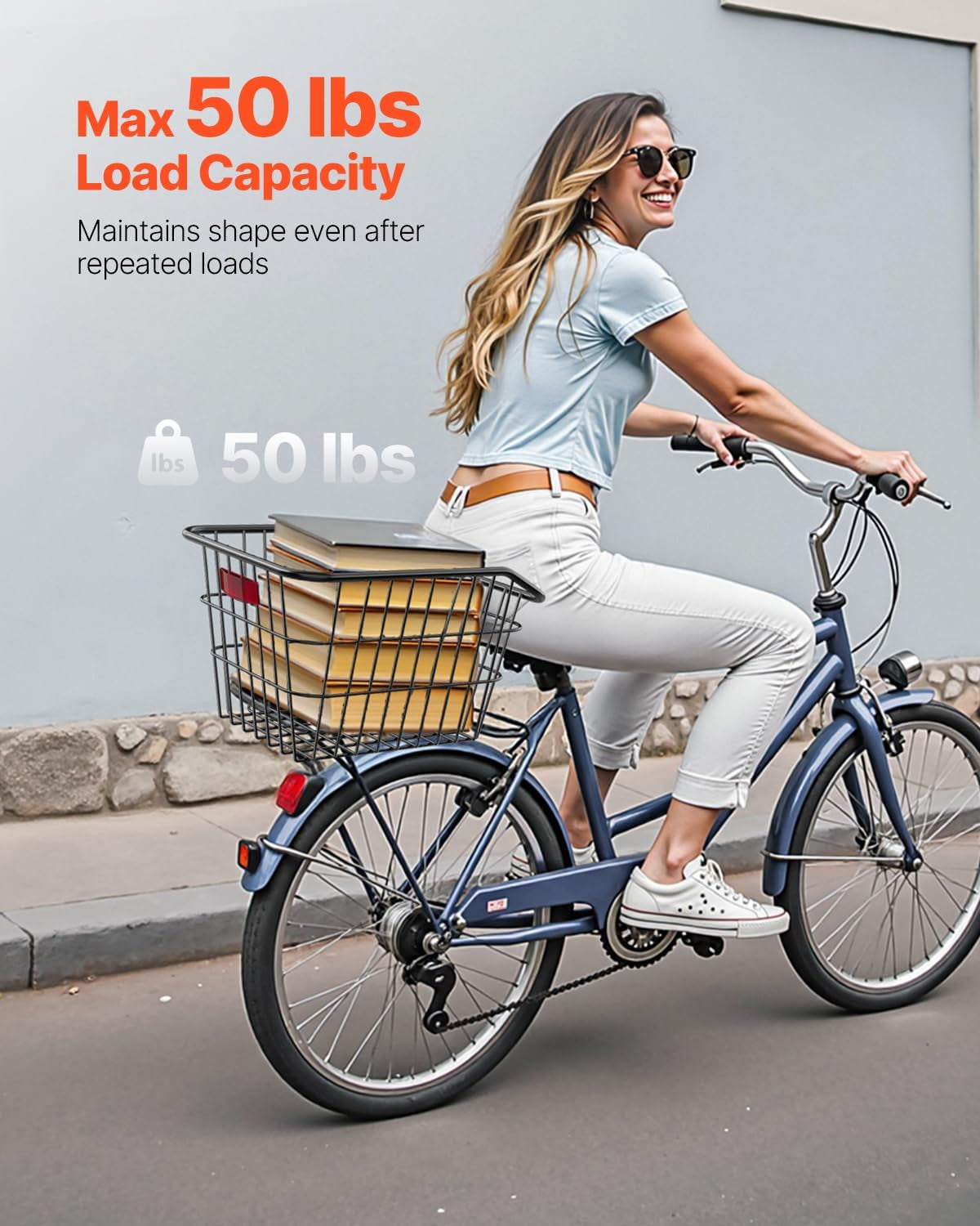 VEVOR Rear Bike Basket, Metal Wire Bicycle Basket with Reflective Tail Light & Waterproof Cover, Durable Bike Back Basket, Fits to Most Rear Bike Racks