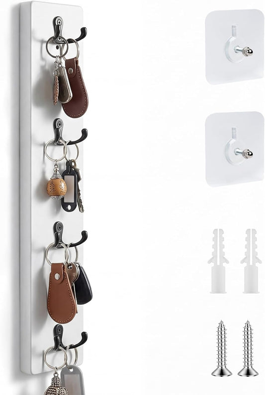 Supkiir Vertical Key Holder for Wall, Wooden Wall Mount Key Rack with 4 Double Hooks, Space-Saving White Wooden Keys Rack Organizer for Home Entryway, Garage Decor, Keys, Wallets and Pet Leashes