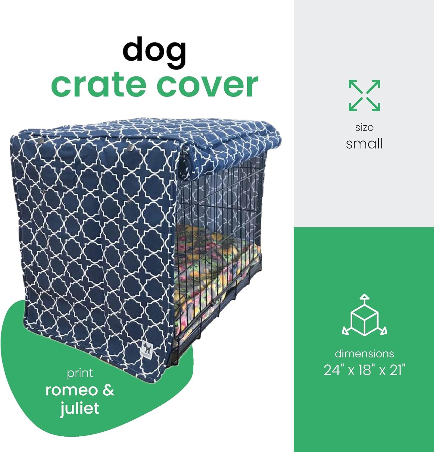 Molly Mutt Romeo & Juliet Dog Crate Cover, 100% Cotton Canvas Cover with 2 Roll-Up Panels, Ideal for Dog or Cat Crate, Durable, Washable, and Free of Harmful Chemicals, 24" X 18" X 21"