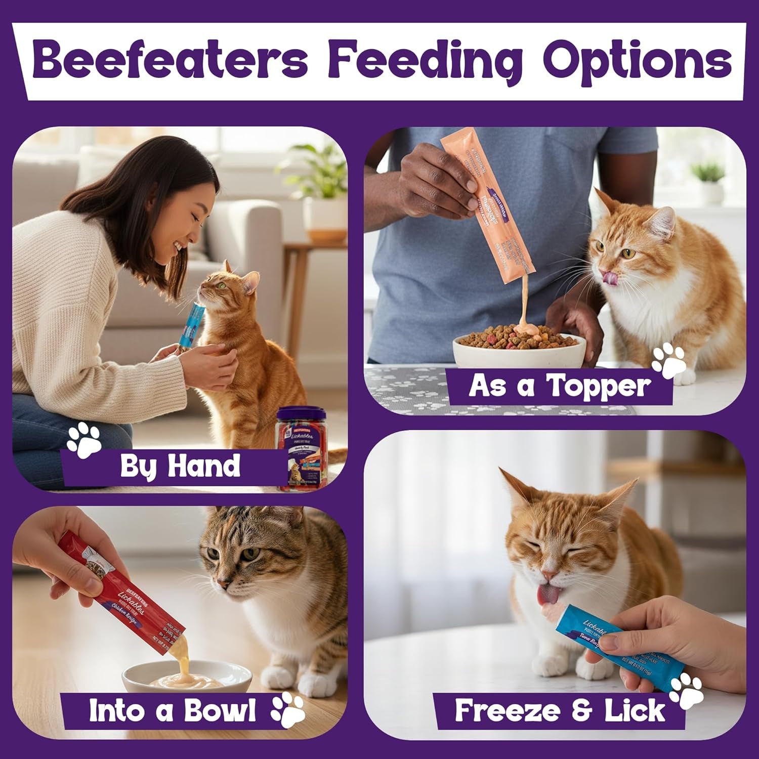 Beefeaters Wet Cat Treats Lickable 48 Count Puree Variety Pack - Salmon Tuna Chicken for Hydration & Training, Grain Free Taurine Enriched High Moisture, Lickable Cat Treats Squeeze up for Picky Eater
