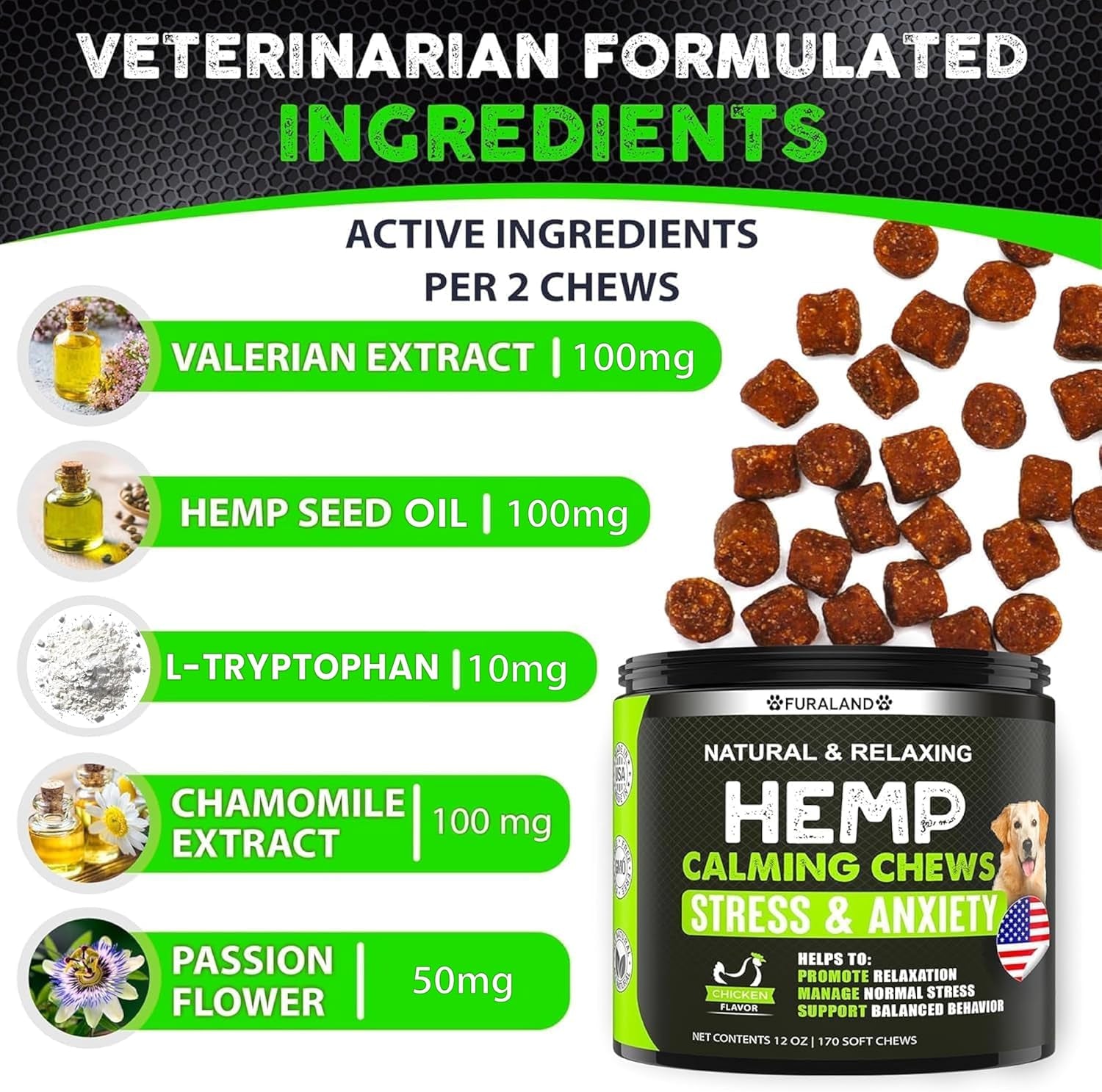 Hemp Calming Chews for Dogs with Anxiety and Stress - 170 Dog Calming Treats - Storms, Barking, Separation - Valerian Root - Melatonin - Hemp Oil - Dog Anxiety Relief - Made in USA | Soft Chews
