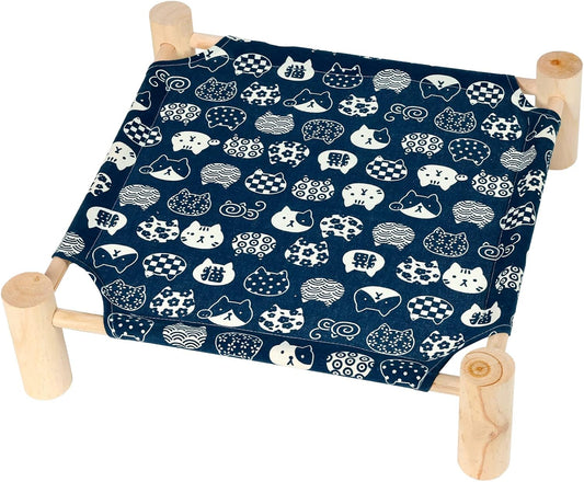 Patas Lague Pet Bed, Small, Elevated Cooling Hammock Bed, Wood, 19X19X5 Inches, 20 Lbs, Blue Cat, Indoor/Outdoor, Square, for Cats and Dogs