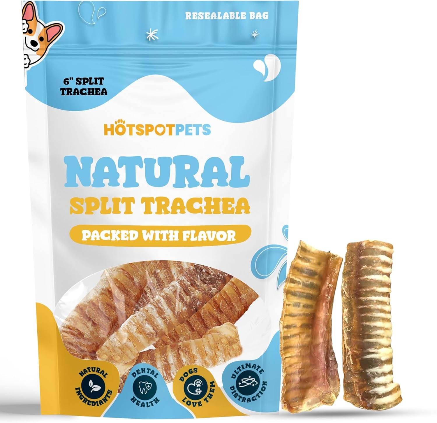 Hotspot Pets Premium Beef Trachea for Dogs 6" Strips Split -(20 Pack) All Natural Grass-Fed Beef Dog Chews, Rich in Glucosamine Chondroitin for Joint Health, Single Ingredient No Rawhide Dog Treats