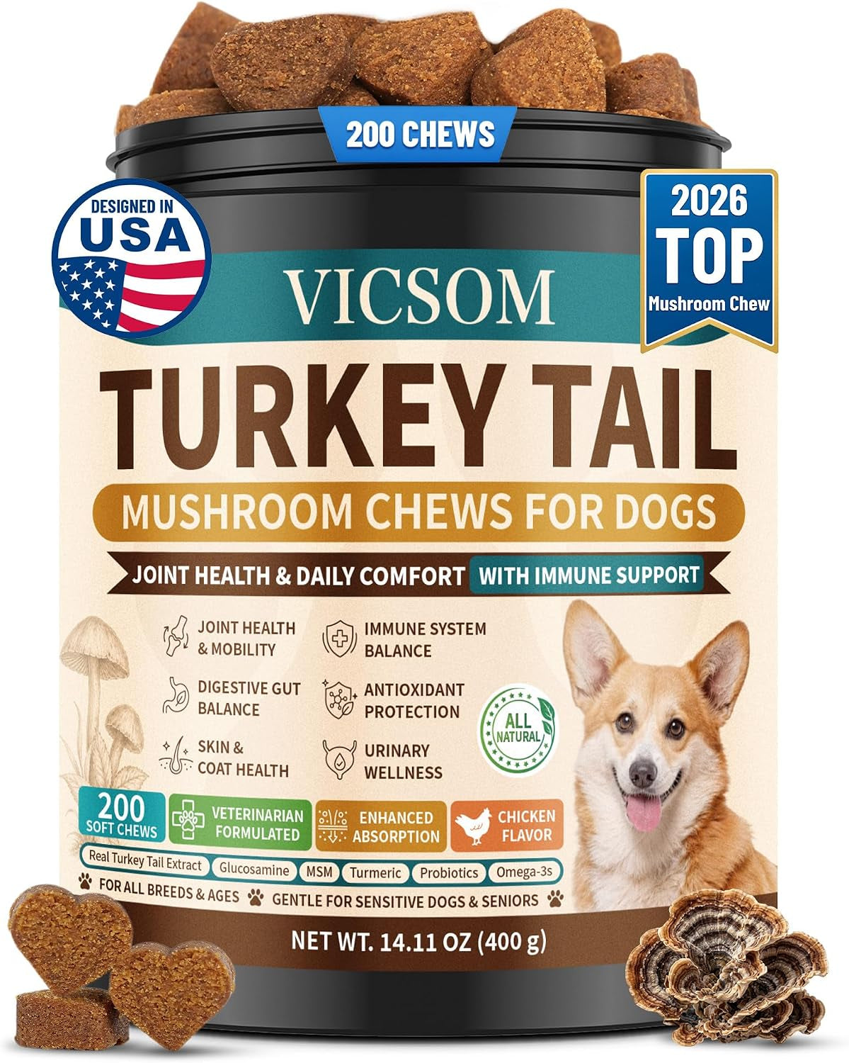 Turkey Tail Mushroom for Dogs, Immune & Joint Supplement for Dog, 200 Chews