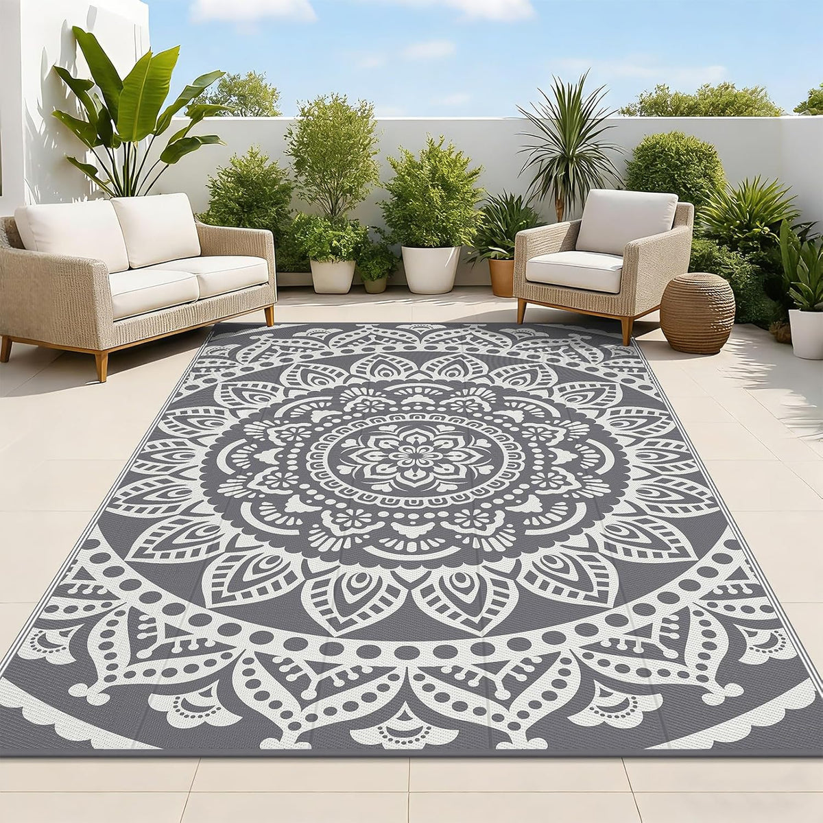 Bsmathom Waterproof Outdoor Rug 6'X9' Reversible Boho Plastic Straw Patio Deck Camping Rugs, Indoor Outdoor Portable RV Mat Clearance Carpet for Outside, Porch, Balcony, Backyard, Beach, Pool,Grey