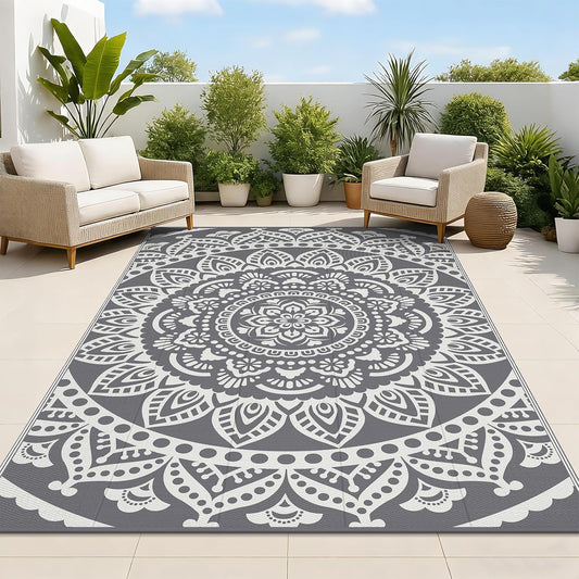 Bsmathom Waterproof Outdoor Rug 6'X9' Reversible Boho Plastic Straw Patio Deck Camping Rugs, Indoor Outdoor Portable RV Mat Clearance Carpet for Outside, Porch, Balcony, Backyard, Beach, Pool,Grey