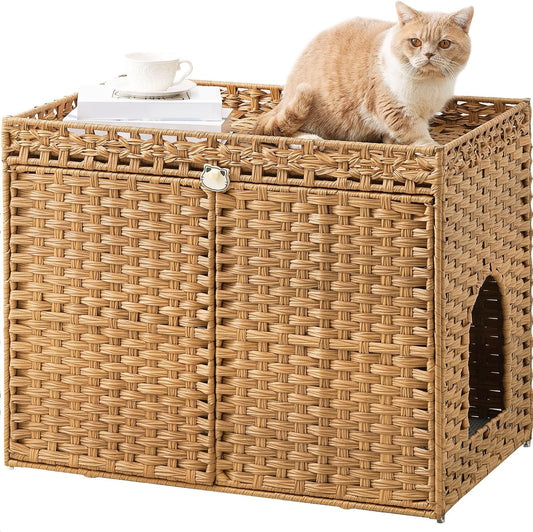 SETVSON Cat Litter Box Enclosure, Extra Large Hidden PE Rattan Natural