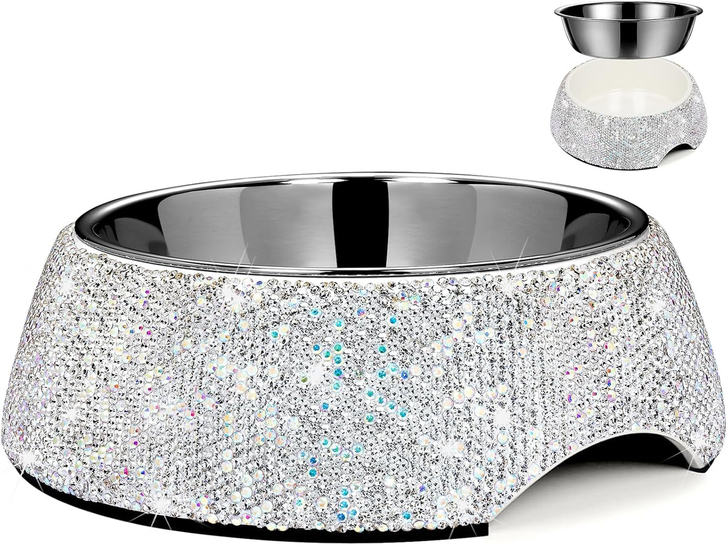 Slowvibes Bling Stainless Steel Dog Bowls,12Oz Detachable Rhinestone Metal Food Water Bowl for Feeding Dogs Cats,Rust Resistant Non-Slip Puppy Dish,Sparkle Essentials for Small Medium Large Girl Pets