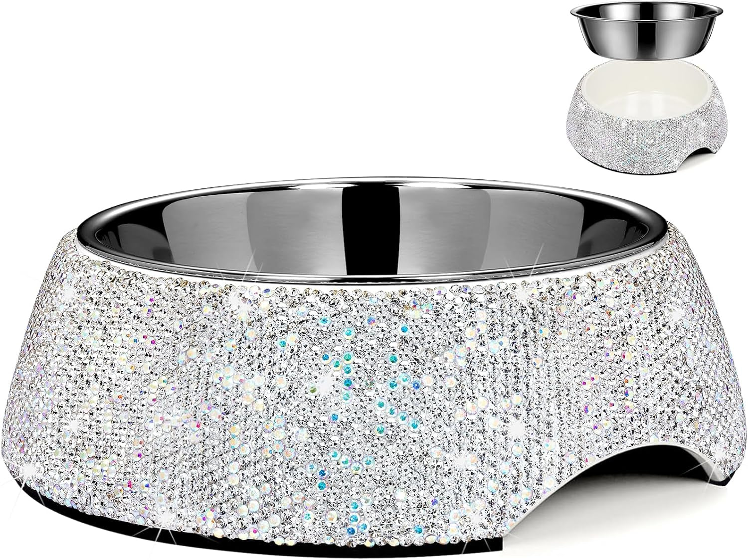 Slowvibes Bling Stainless Steel Dog Bowls,12Oz Detachable Rhinestone Metal Food Water Bowl for Feeding Dogs Cats,Rust Resistant Non-Slip Puppy Dish,Sparkle Essentials for Small Medium Large Girl Pets