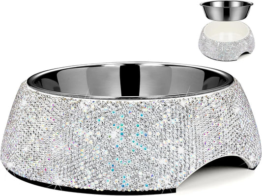Slowvibes Bling Stainless Steel Dog Bowls,12Oz Detachable Rhinestone Metal Food Water Bowl for Feeding Dogs Cats,Rust Resistant Non-Slip Puppy Dish,Sparkle Essentials for Small Medium Large Girl Pets