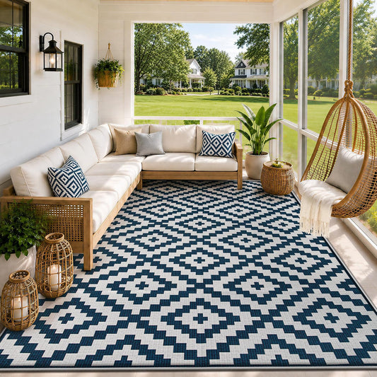 Zomfy Outdoor Rug 9X12 Ft: Washable Patio Rug Waterproof Modern Soft Non-Slip outside Geometric Rug Indoor Outdoor Floor Carpet for Camping Balcony Porch RV Backyard Living Room (Blue White, 9'X12')