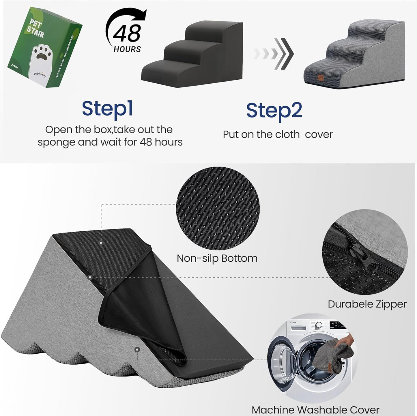Gogobunny Ramp Dog Stairs for Couch Sofa and Chair 15.7" H, 3-Step Pet Steps for Small Dogs and Cats, Non-Slip Waterproof Fabric Cover, Stable and Balanced Indoor Step, Pets Friendly, Grey