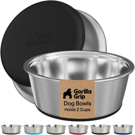 GORILLA GRIP Dog Bowls, Food Grade Stainless Steel, Set of 2, 2 Cup, Black