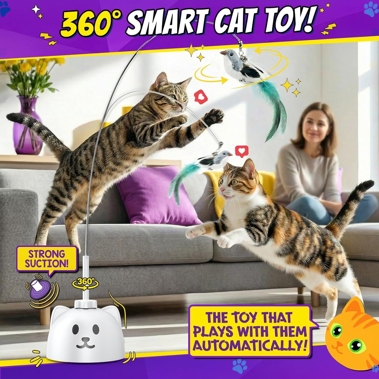 Interactive Cat Toys for Indoor Cats, Automatic Flying Bird Cat Toy with 360° Feather Wand, Strong 8Cm Suction Cup, USB Rechargeable Self-Play Cat Toy for Bored Kittens & Adult Cats