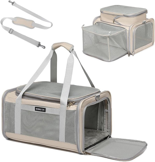 Airline Approved Pet Carrier for Cats and Small Dogs up to 15 Lbs, Breathable Mesh, Portable Travel Bag for Bearded Dragon, Puppies Animal Hangbag, Rabbit Cage (Khaki, Expandable)