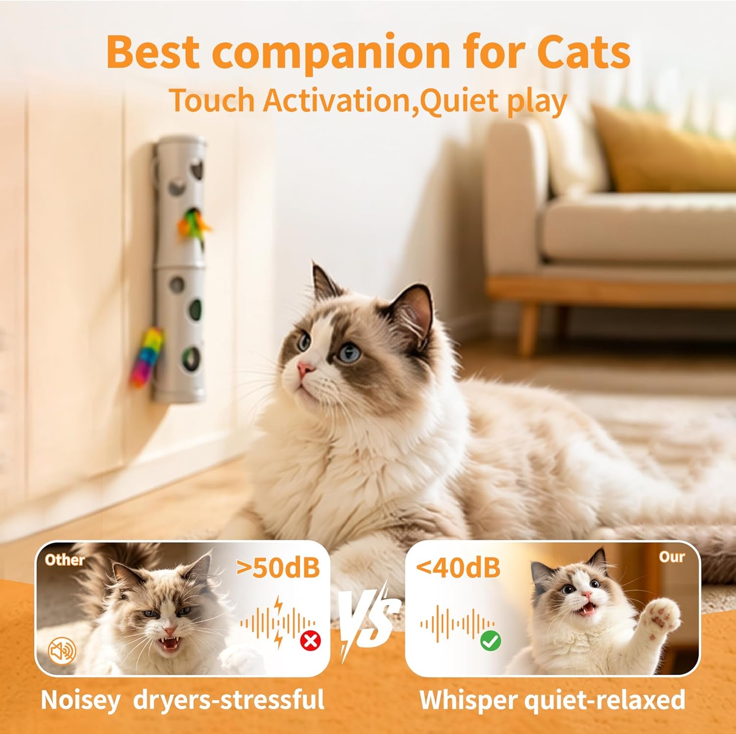 Kzoom Interactive Cat Feather Toy, Cat Toy Automatic Fluffy Tail Teaser with Motion Activated, USB Rechargeable, Suction Cup for Stable Play, Perfect for Indoor Cats