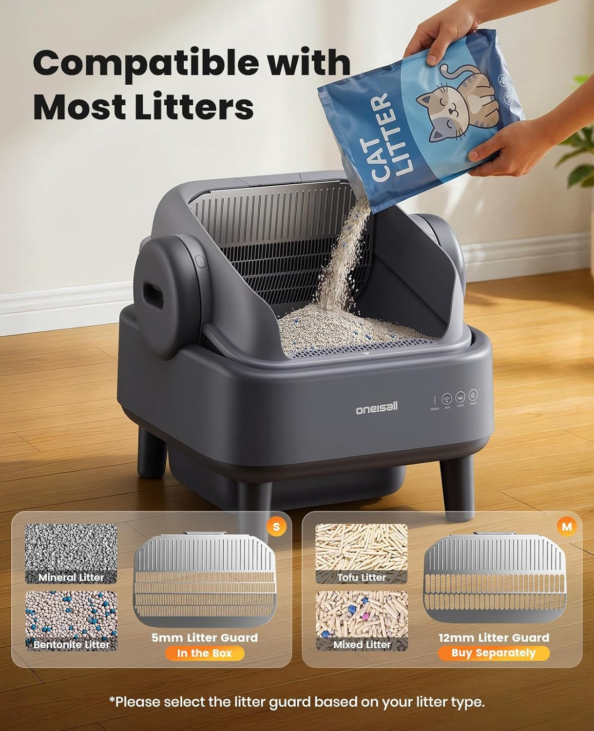 Oneisall Self Cleaning Litter Box with APP Control: Open-Top Smart Cat Litter Box Rinsable Easy Clean, Safety Protection&11L Large Waste Bin, Automatic Litter Box for Large Cats (Ease S1 Pro)