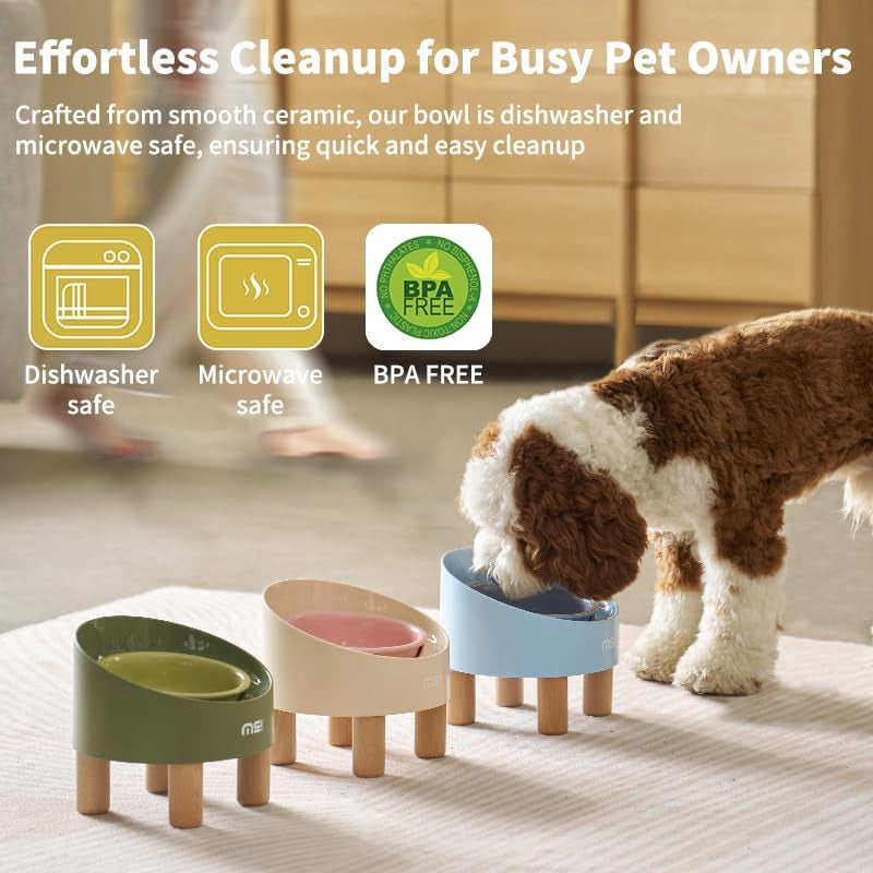 Ceramic Elevated Cat Bowls, Adjustable Raised Double Bowls Set, Pet Bowl with anti Slip Rubber Pad, Leak-Proof, Stress Neck Free Food & Water Bowls for Small Dogs Geen