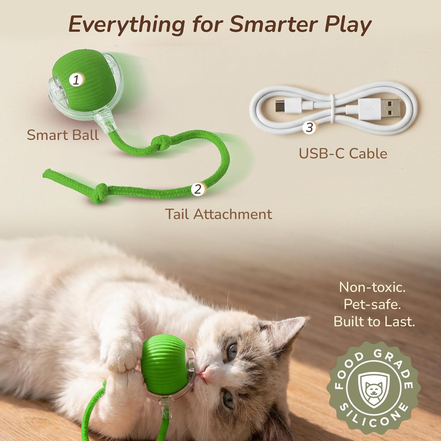 Rechargeable Smart Ball 2.0 Automatic Cat Toy - Interactive Cat Toys for Indoor Cats - Motion Activated Moving Cat Ball Toy, Self Rolling Interactive Dog Toys for Small Dogs with 3 Speed Modes [Green]