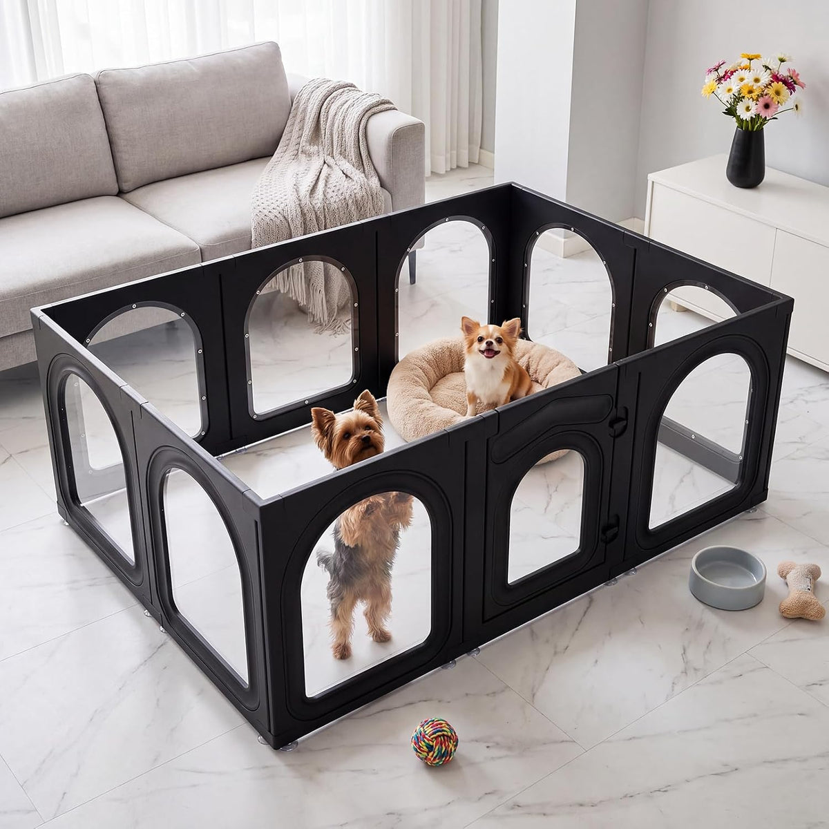 Acrylic Dog Playpen Indoor, 23.6" H 10 Panels Clear Dog Play Pen for Small Dogs & Puppies, Tool-Free Setup Puppy Playpen, Modern Pet Playpen for Cats, Rabbits & Small Pets Corral Para Perros Black