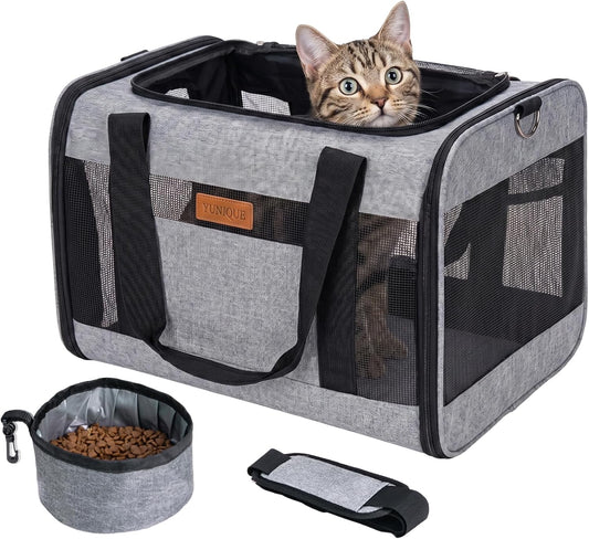 YUNIQUE Soft-Sided Cat & Dog Carrier for Pets up to 15 Lbs, Airline Approved Collapsible Travel Puppy Carrier with Lightweight Fabric Design (Grey)