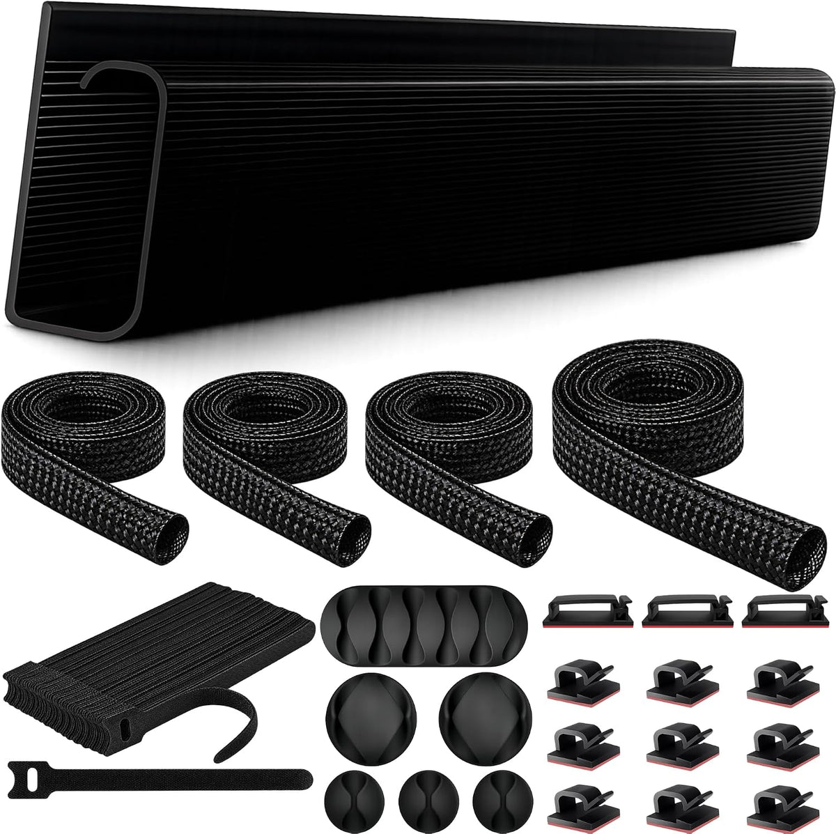 Cable Management Kit with under Desk Raceway & 4 Long Cable Sleeves, Desk Cord Organizer with Cable Clips, Reusable Cable Ties & Cord Holders, Black