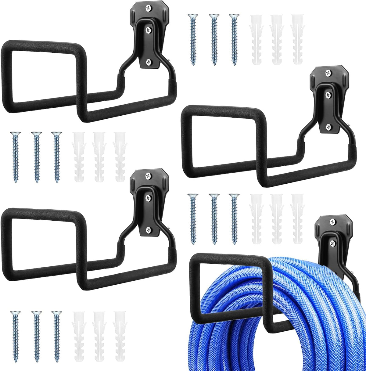 4 Pack Heavy Duty Garden Hose Holder Wall Mount, Metal Black Water Hose Hanger Reel Organizer for outside Yard Storage