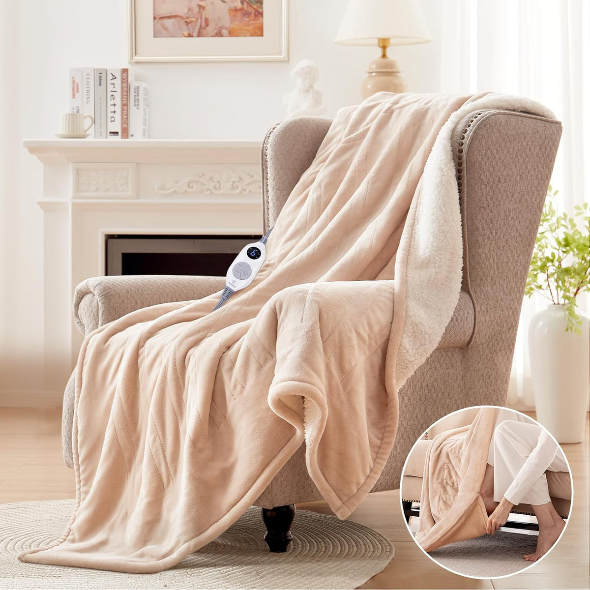 Westinghouse Electric Throw Blanket with Foot Pocket for Adults 50X62 Beige