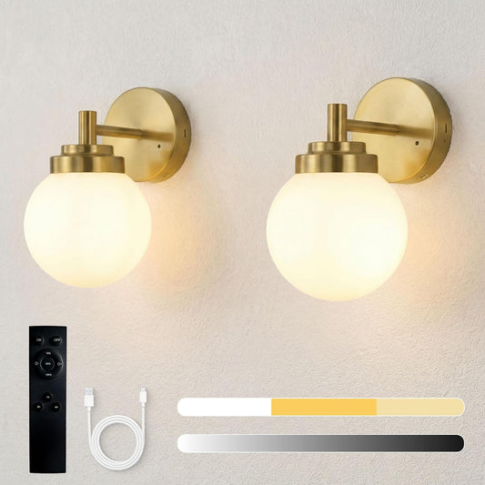 Set of Two Battery Operated Wall Sconces with Remote, Rechargeable Dimmable Cordless Wall Lights, 3 Color Temperatures, Modern Gold Wall Lamps with Opal Glass Globe Shades