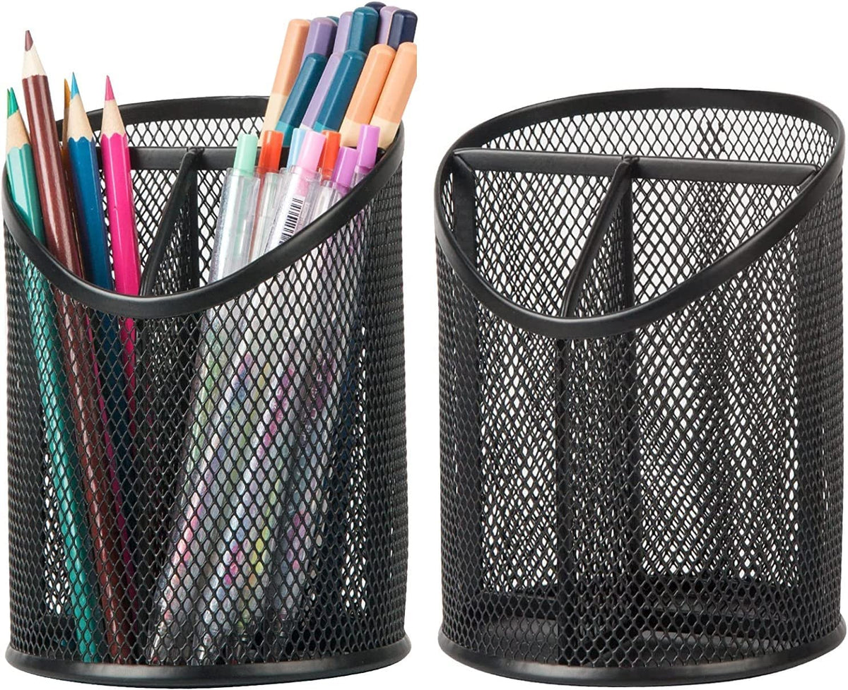 Delifox 2 Pack Pen Holder Mesh round Pencil Holder 3 Compartments, Black
