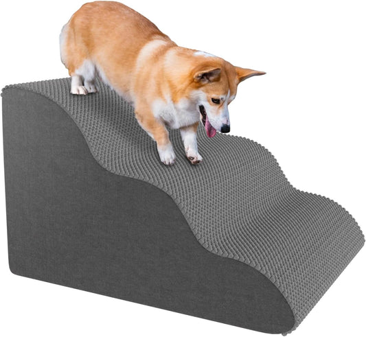 Pet Stairs for Small Dogs and Cats, Comfortable Curved Design with Waterproof Cover, High-Density Foam Steps for Beds or Sofas, Durable and Lightweight, 3-Layer, 21.7X15.7X13.8 Inches Grey