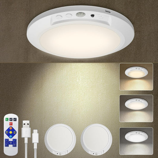 Motion Sensor Ceiling Light Battery Operated with Remote, 2 Pack Wireless Rechargeable Ceiling Lights Indoor, 3CCT Dimmable Closet Night Light for Shower Stairs Shed Hallway Porch RV and Tent