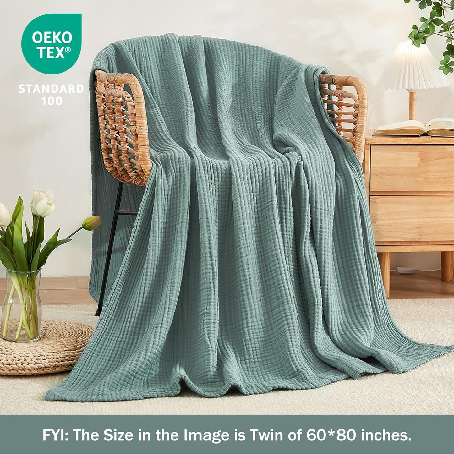 EMME Muslin Throw Blanket 100% Cotton Blankets for Couch Breathable Gauze All Season Soft and Lightweight Pre-Washed (Teal, 50"X70")