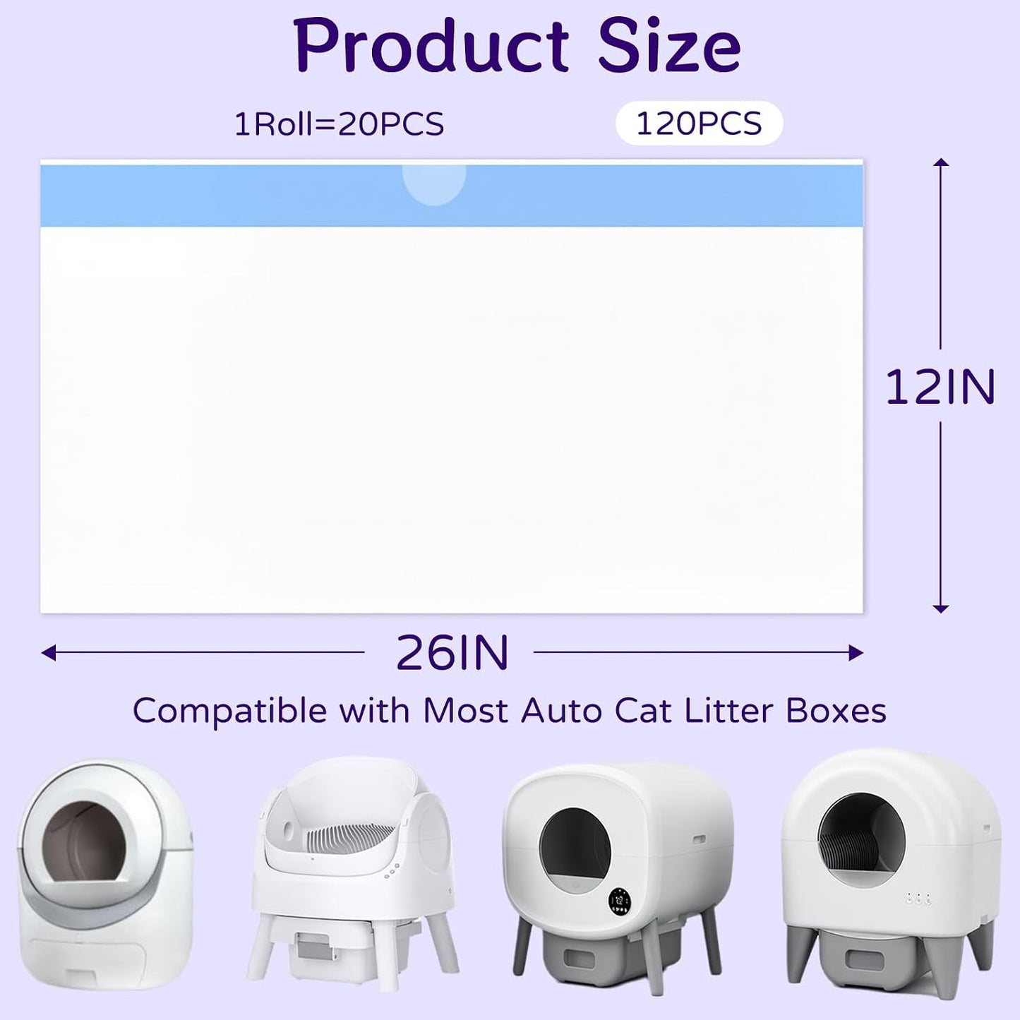 120 Count 26" X 11.8" Automatic Cat Litter Box Bags Compatible with Cmg Fmo Fstg Robot Litter Box, Thick Self-Cleaning Cat Litter Box Replacement Liners with Drawstring Heavy Duty