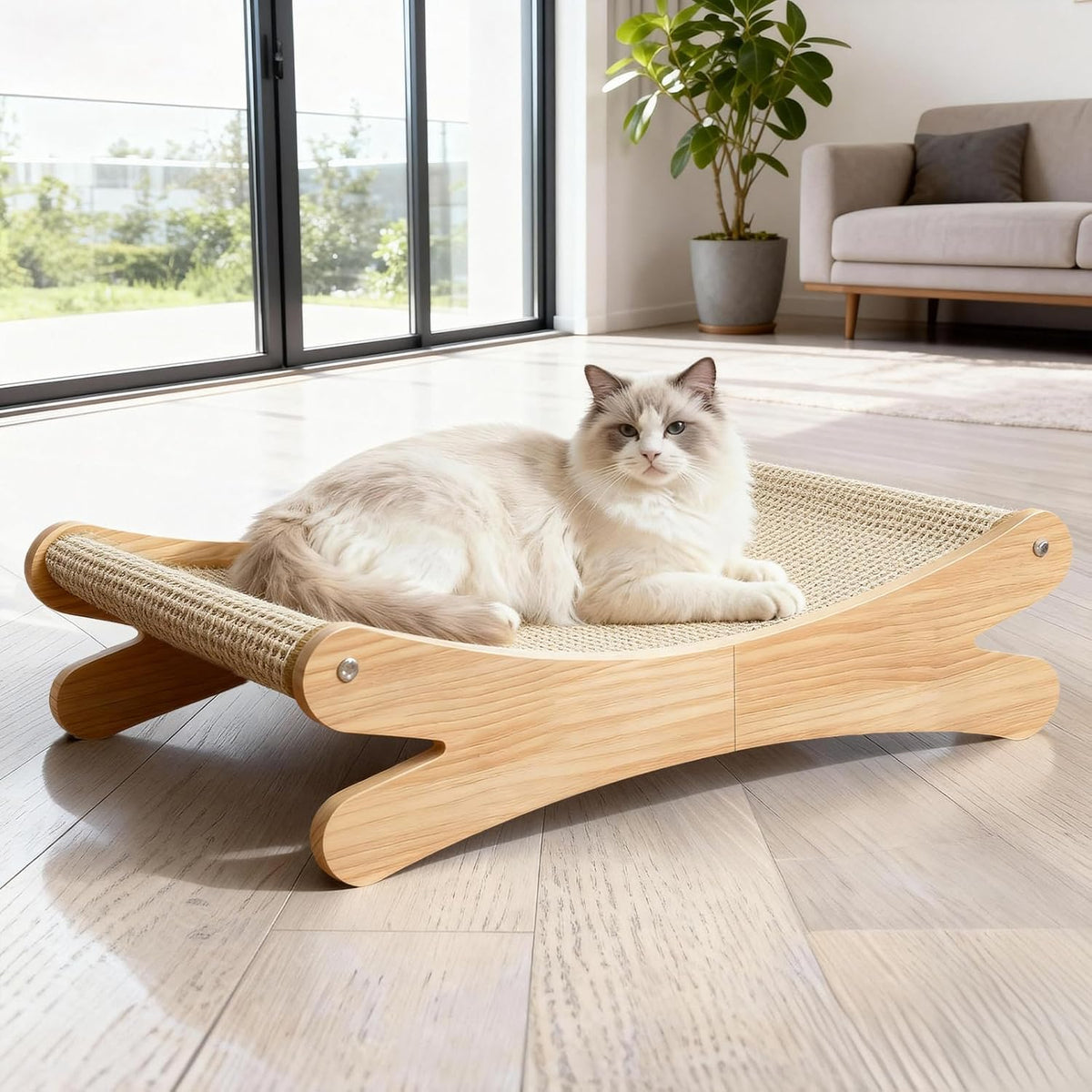 Natural Sisal Cat Scratcher Bed with Hammock – Solid Wood Furniture Style, Extra Large Cat Lounger & Scratch Pad for Indoor Cats, Protects Furniture